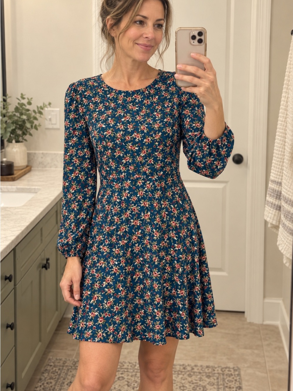 NWT Mi Ami Floral Keyhole Long Sleeve Mini Fit & Flare Dress turquoise floral M